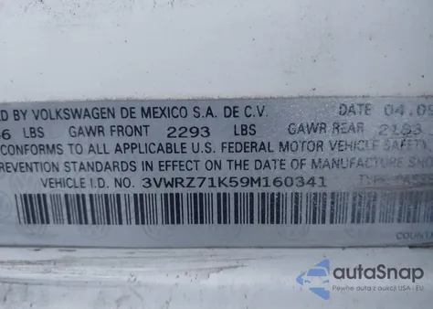 2009 Volkswagen Jetta Se from USA, damaged, VIN 3VWRZ71K59M160341